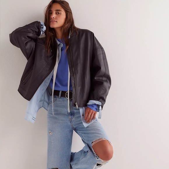 FREE PEOPLE NEW Vinny Vegan Black Bomber L - Picture 5 of 9